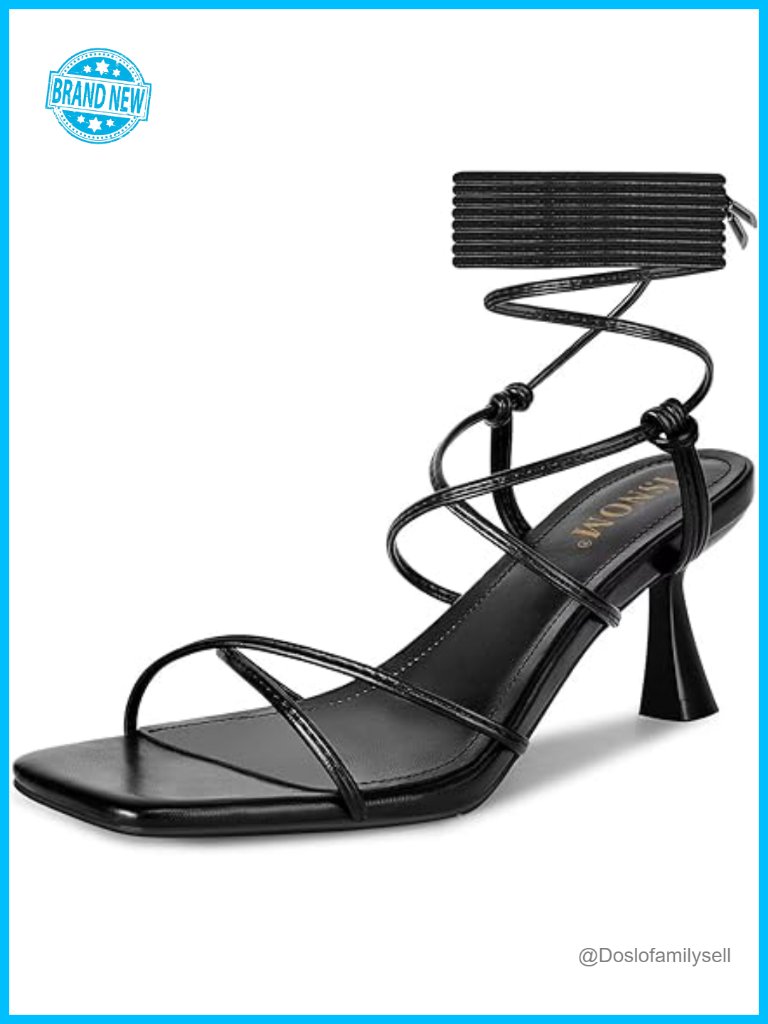 Strappy Kitten Heels Lace Up Sandals Square Toe Stiletto Heels Wrap Around Heels